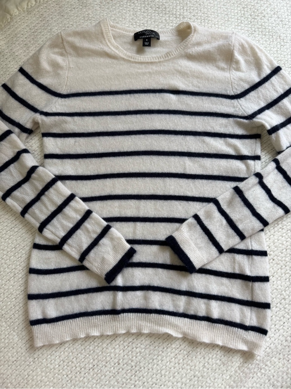 Morgan Taylor White Navy Stripe Cashmere Crew Neck Sweater Women’s Small